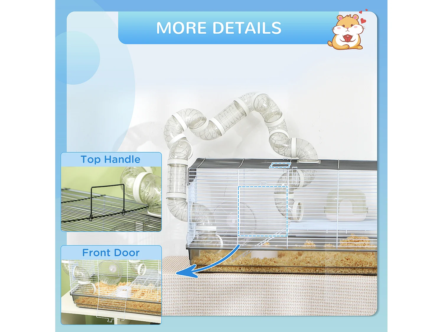Cage rongeur hamster - tunnel, poignée, accessoires - plastique acier gris blanc