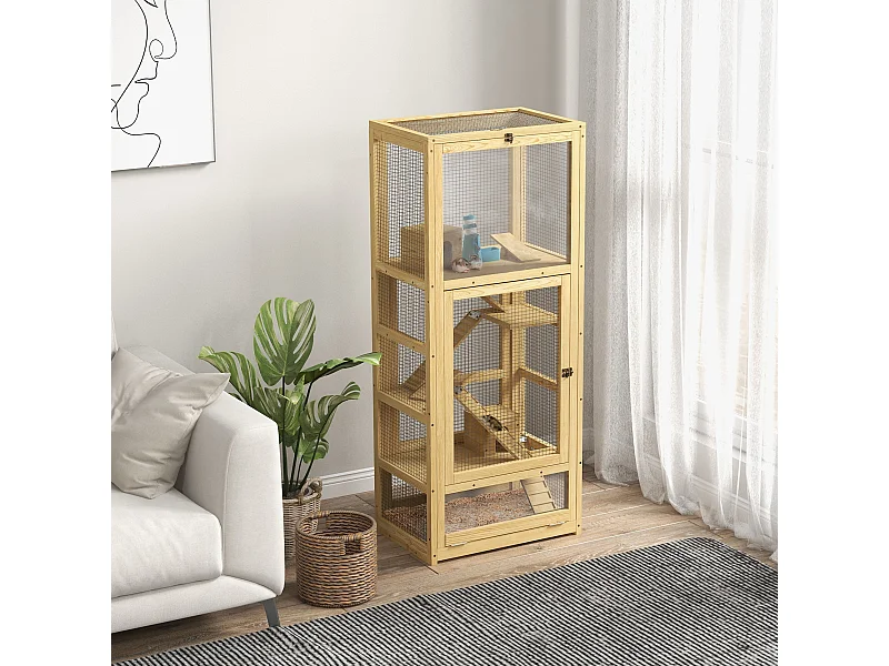 Cage pour rongeurs petits animaux en bois 5 niveaux - échelle, niche, balançoire, plateau amovible, abreuvoir