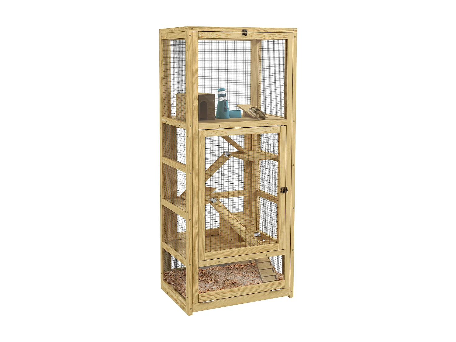 Cage pour rongeurs petits animaux en bois 5 niveaux - échelle, niche, balançoire, plateau amovible, abreuvoir