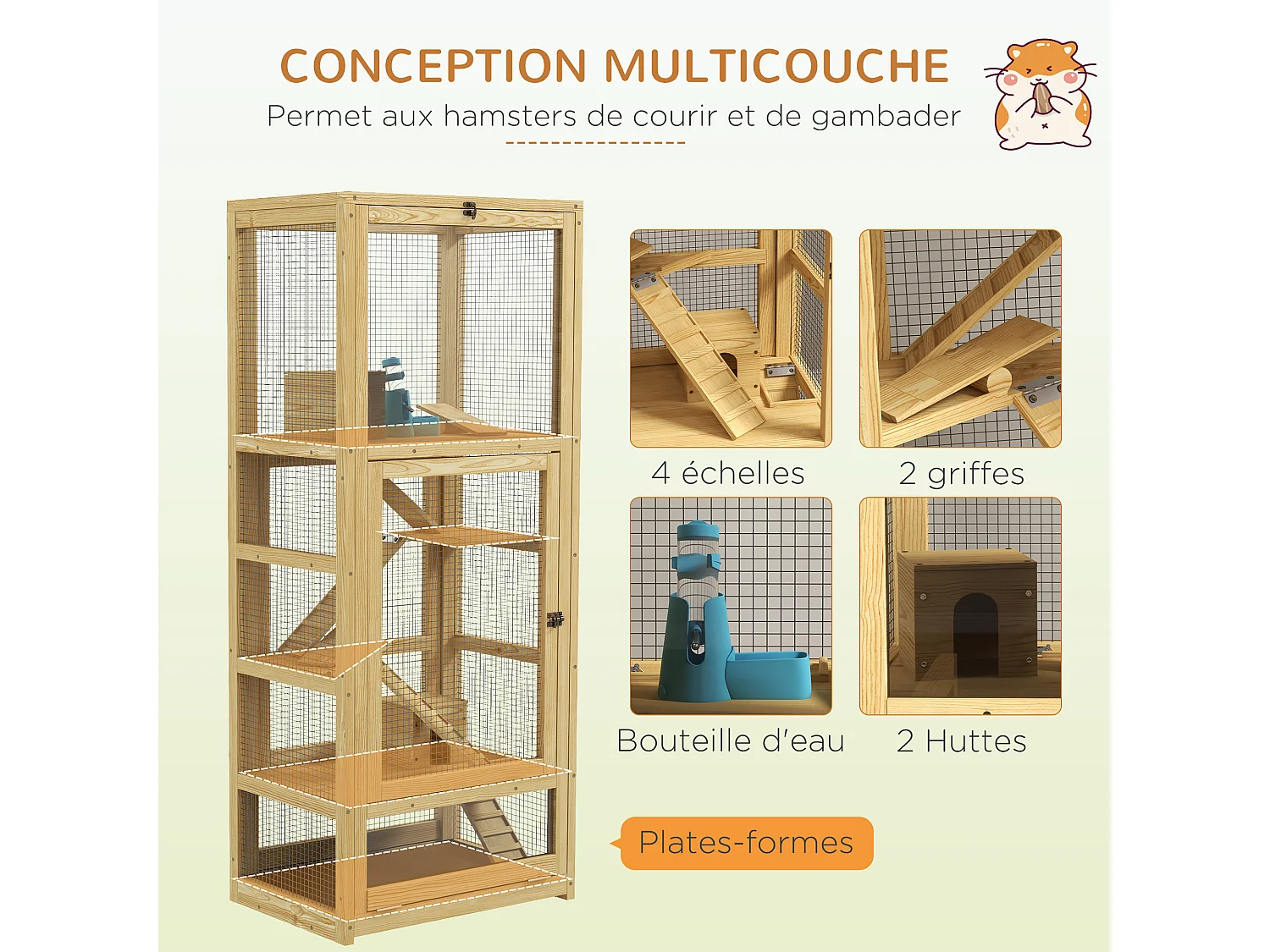 Cage pour rongeurs petits animaux en bois 5 niveaux - échelle, niche, balançoire, plateau amovible, abreuvoir