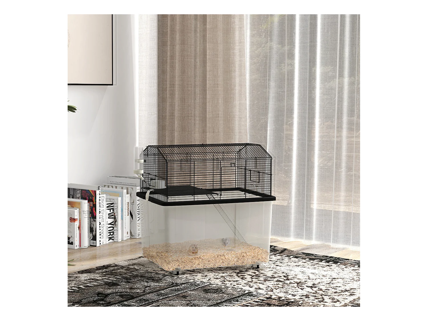 Cage rongeur hamster 2 étages - roulettes, plateforme, échelle, accessoires - PP transparent acier noir