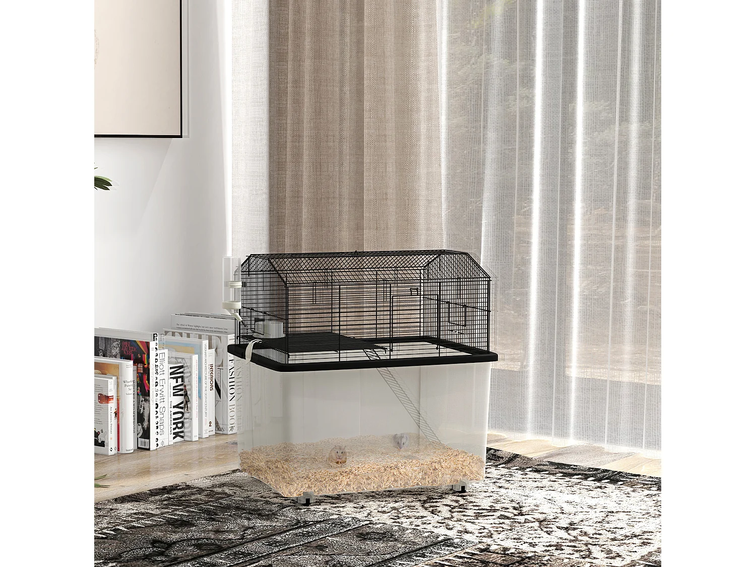 Cage rongeur hamster 2 étages - roulettes, plateforme, échelle, accessoires - PP transparent acier noir