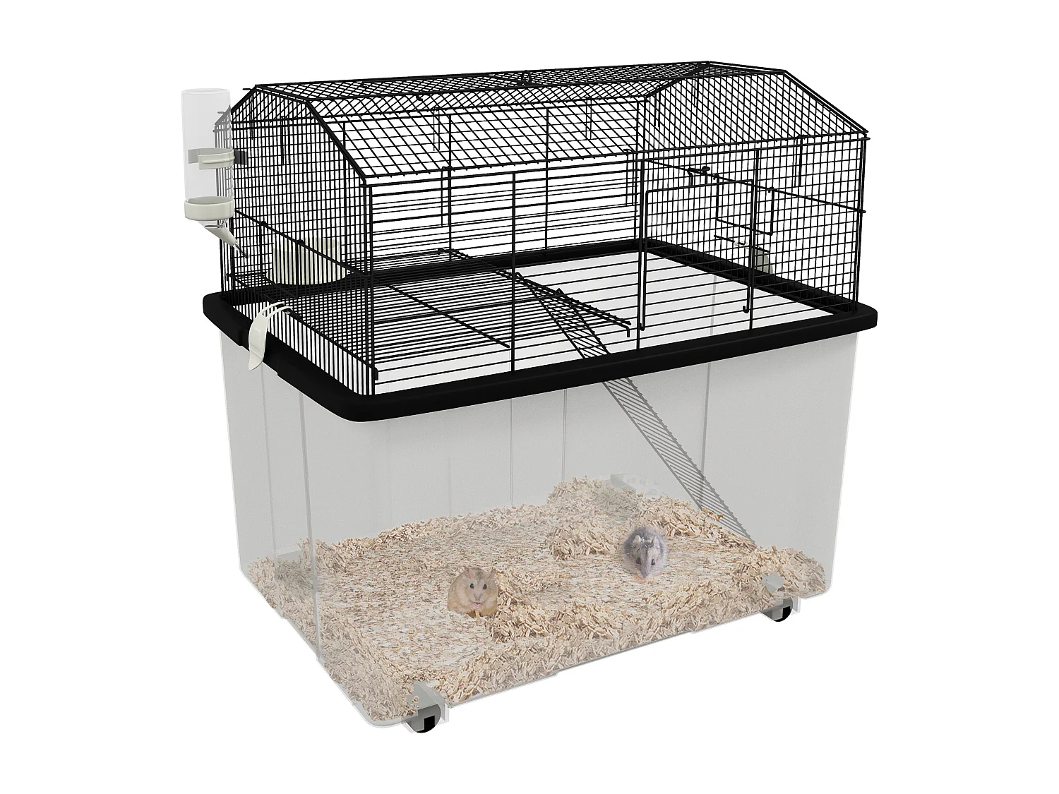 Cage rongeur hamster 2 étages - roulettes, plateforme, échelle, accessoires - PP transparent acier noir
