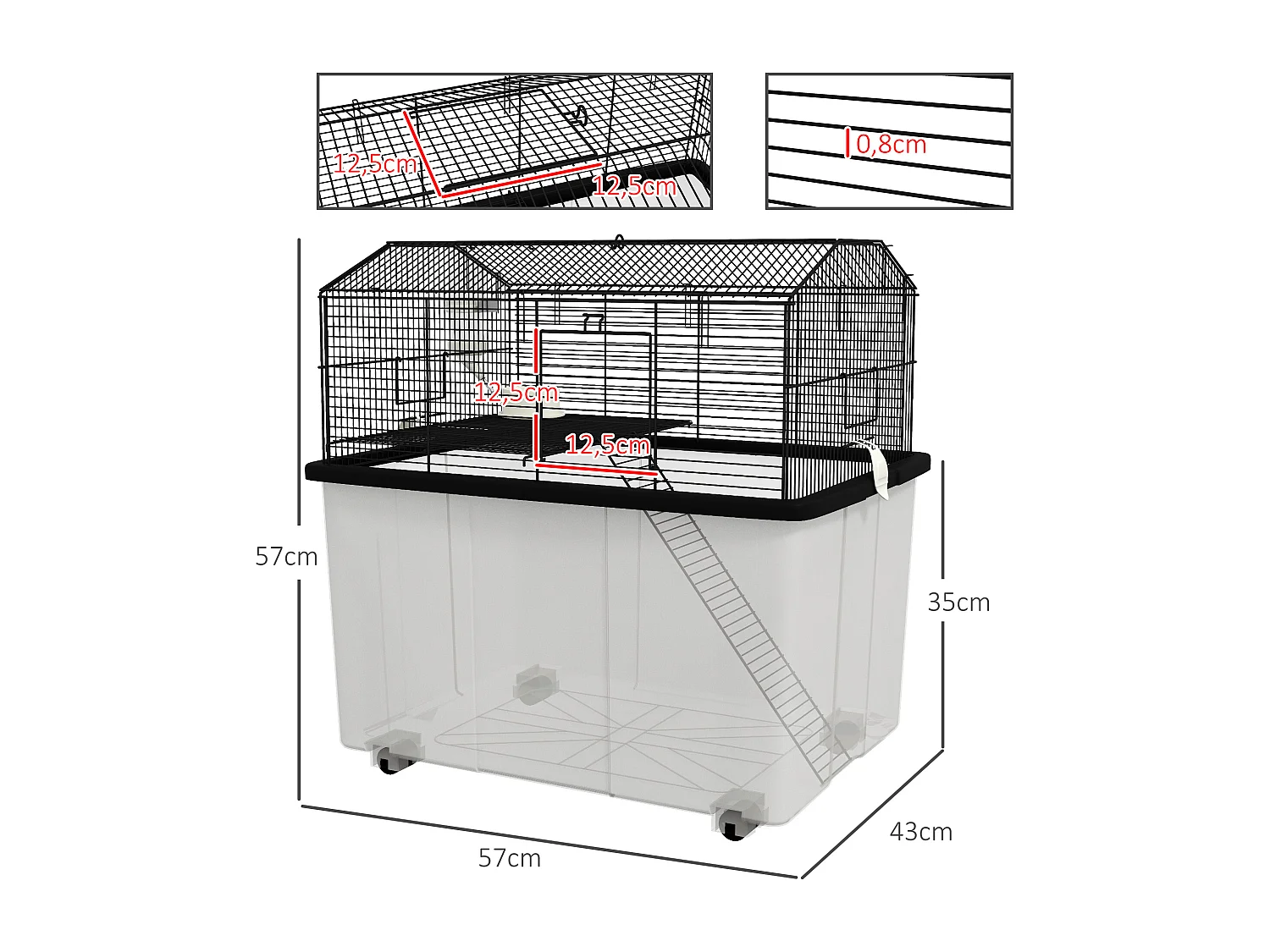 Cage rongeur hamster 2 étages - roulettes, plateforme, échelle, accessoires - PP transparent acier noir