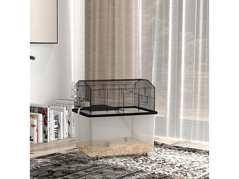 Cage rongeur hamster 2 étages - roulettes, plateforme, échelle, accessoires - PP transparent acier noir