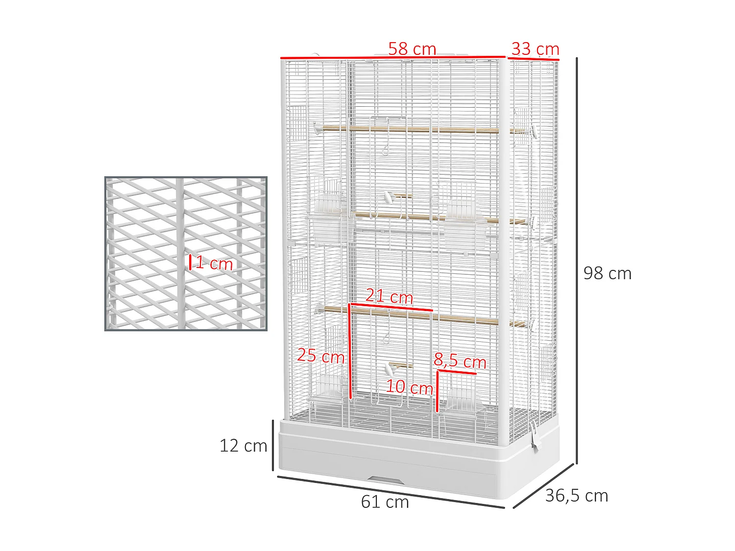 Cage à oiseaux volière avec portes perchoirs - 61 x 36,5 x 98 cm - blanc
