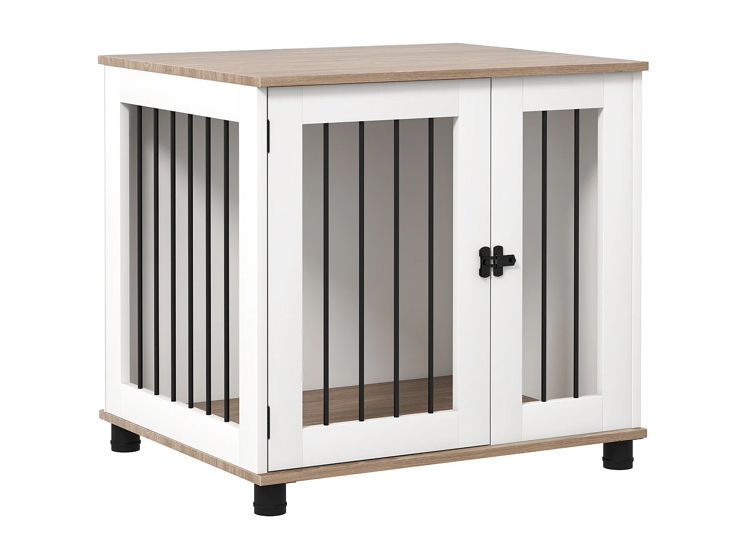 Cage pour chien animaux sur pied - porte verrouillable - acier noir panneaux blanc chêne clair