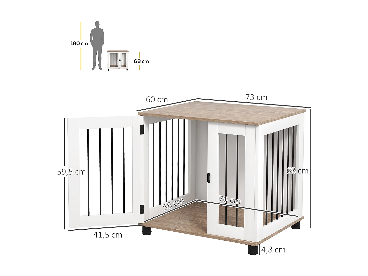 Cage pour chien animaux sur pied - porte verrouillable - acier noir panneaux blanc chêne clair