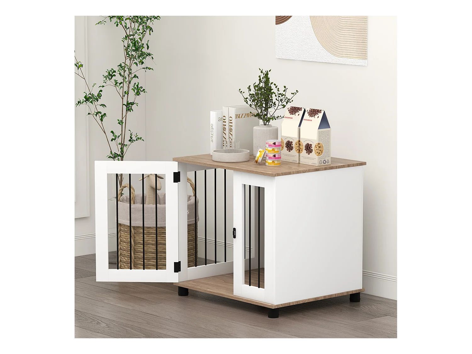 Cage pour chien animaux sur pied - porte verrouillable - acier noir panneaux blanc chêne clair