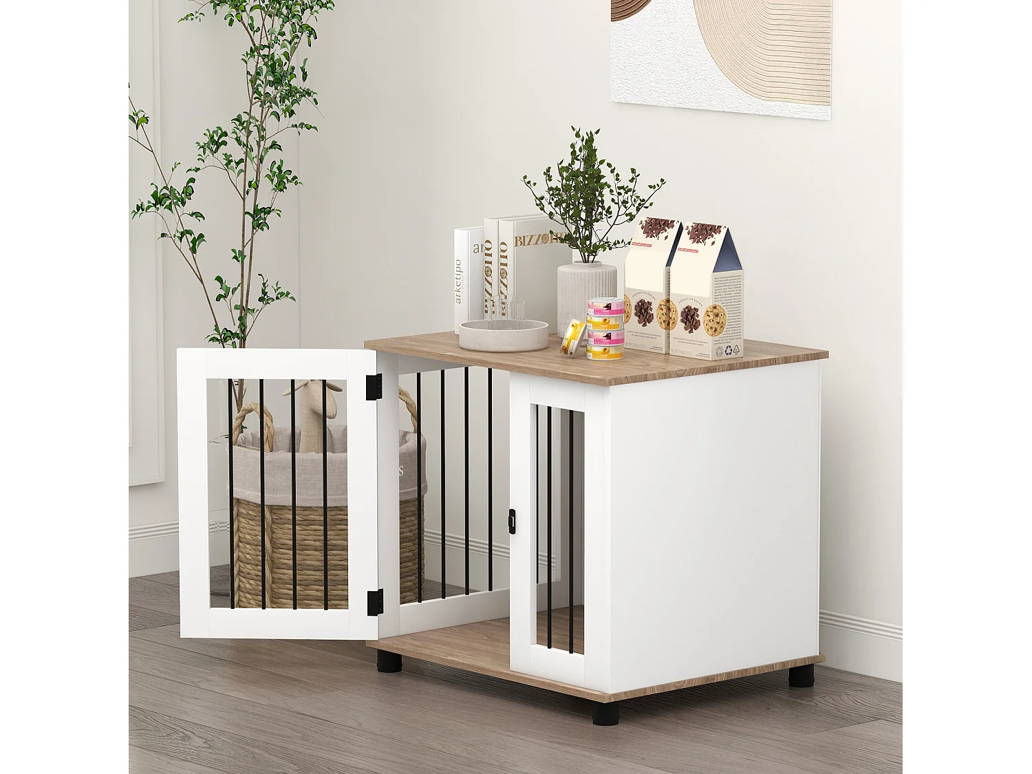 Cage pour chien animaux sur pied - porte verrouillable - acier noir panneaux blanc chêne clair