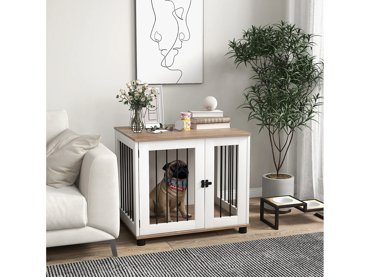 Cage pour chien animaux sur pied - porte verrouillable - acier noir panneaux blanc chêne clair