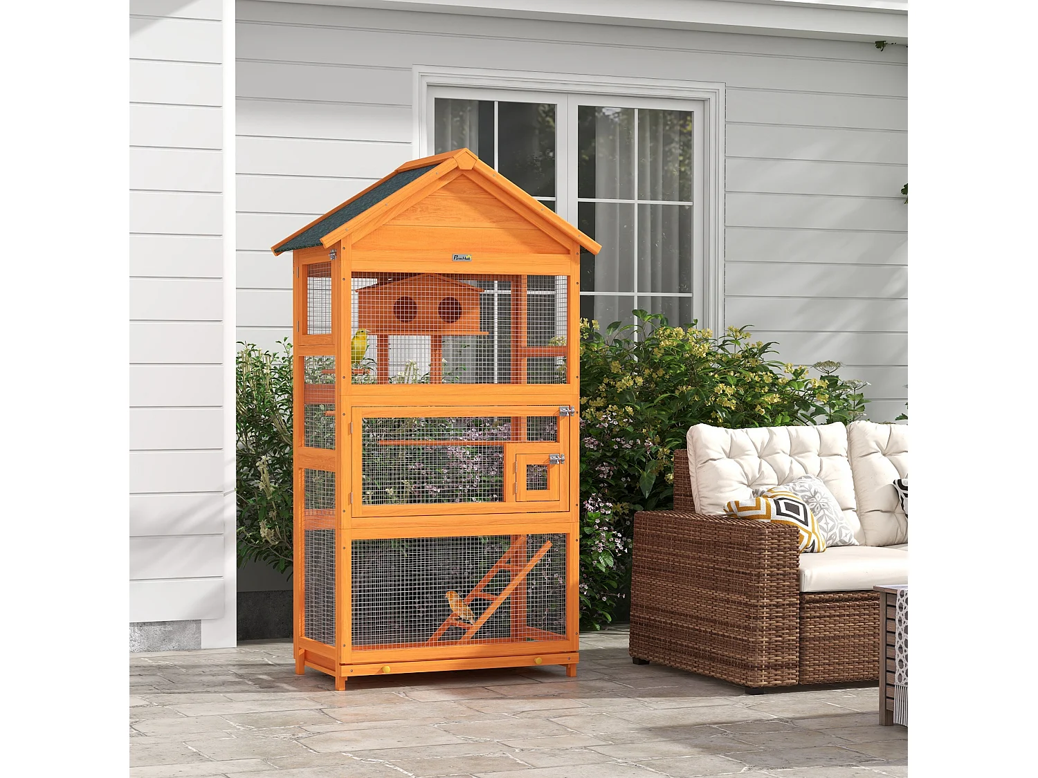 Cage à oiseaux volière grande taille 2 portes trappe toit asphalte tiroir amovible bois pré-huilé