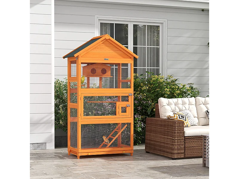 Cage à oiseaux volière grande taille 2 portes trappe toit asphalte tiroir amovible bois pré-huilé