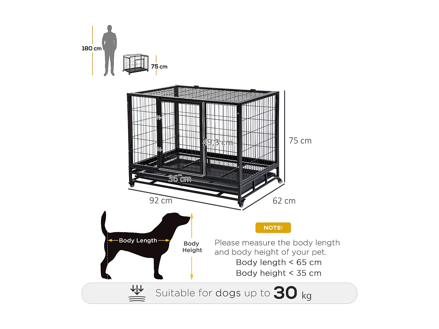 Cage pour chien animaux cage de transport sur roulettes 2 portes noir