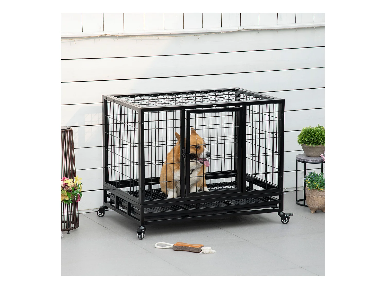 Cage pour chien animaux cage de transport sur roulettes 2 portes noir