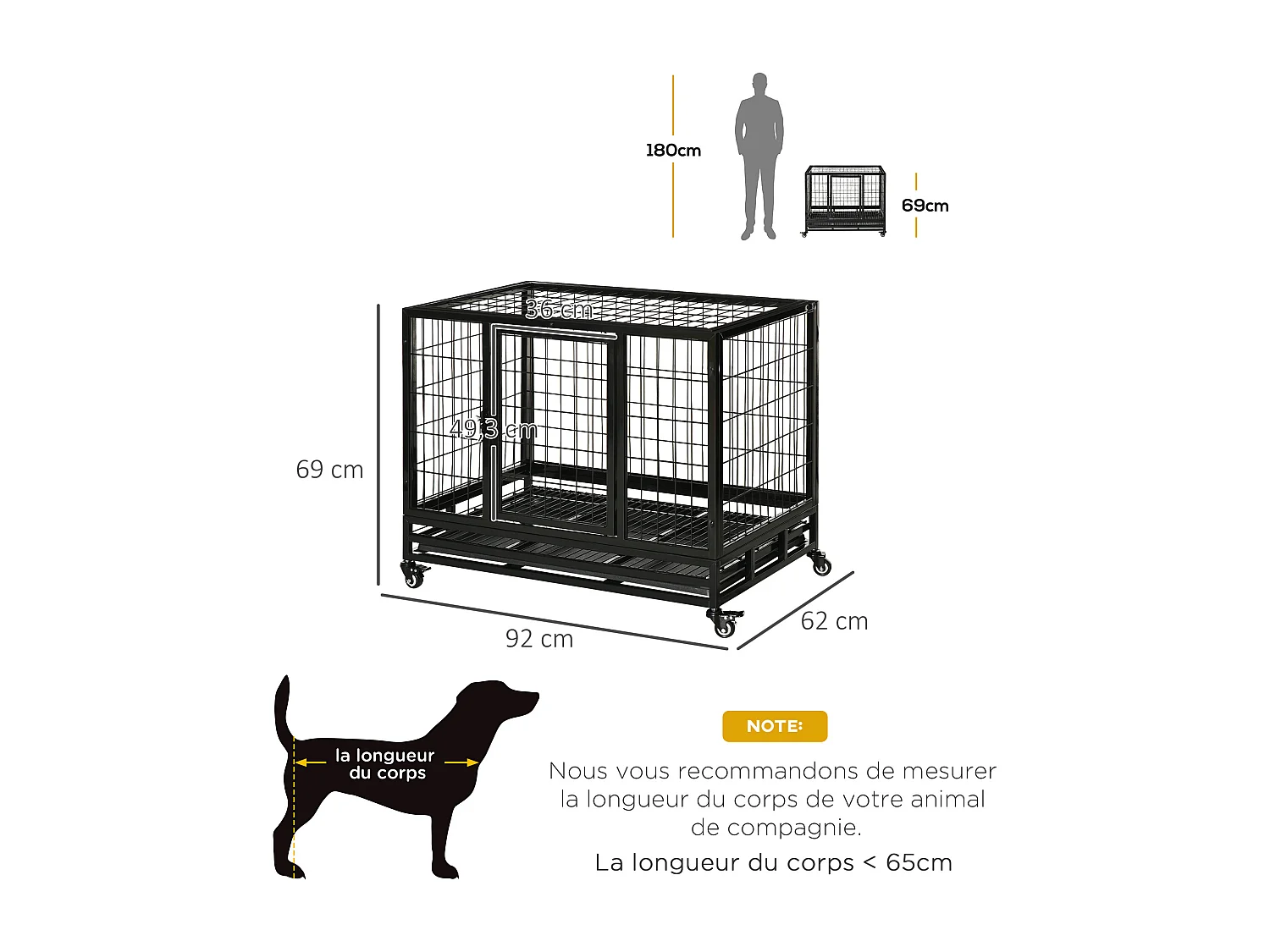 Cage pour chien animaux cage de transport sur roulettes 2 portes noir