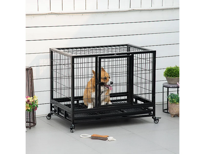 Cage pour chien animaux cage de transport sur roulettes 2 portes noir