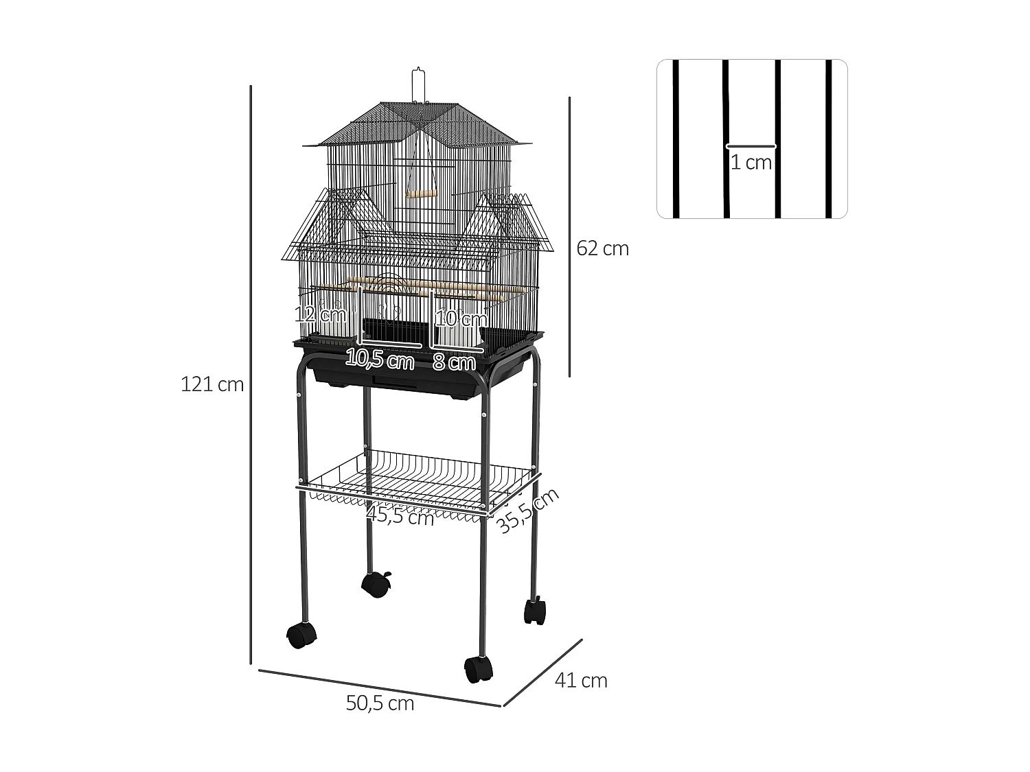 Cage à oiseaux design maison mangeoires perchoirs 3 portes plateau excrément amovible noir