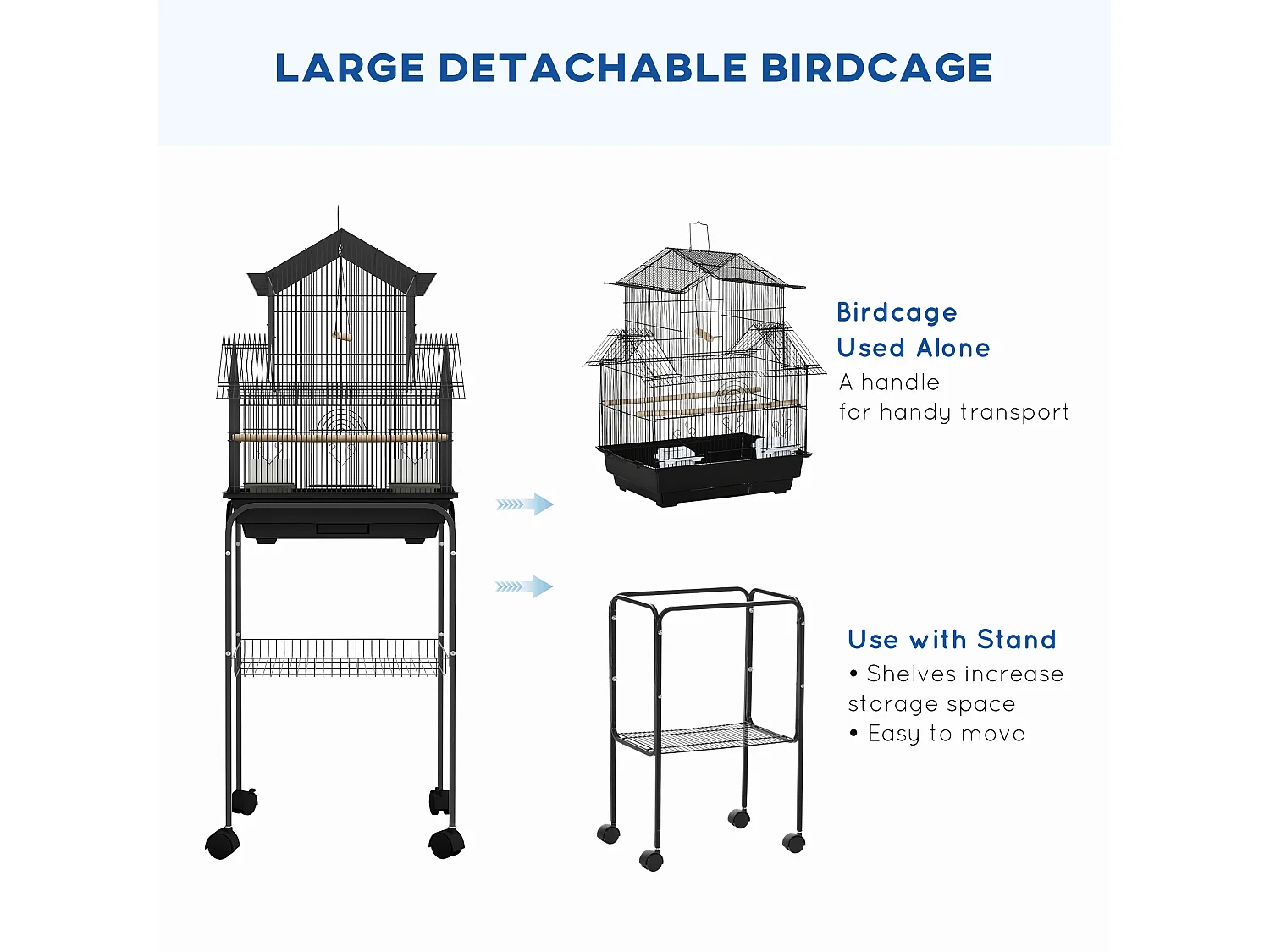 Cage à oiseaux design maison mangeoires perchoirs 3 portes plateau excrément amovible noir