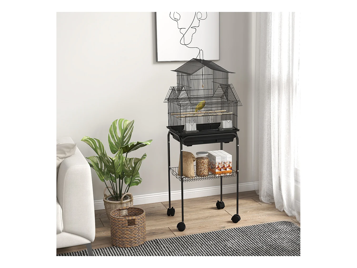Cage à oiseaux design maison mangeoires perchoirs 3 portes plateau excrément amovible noir