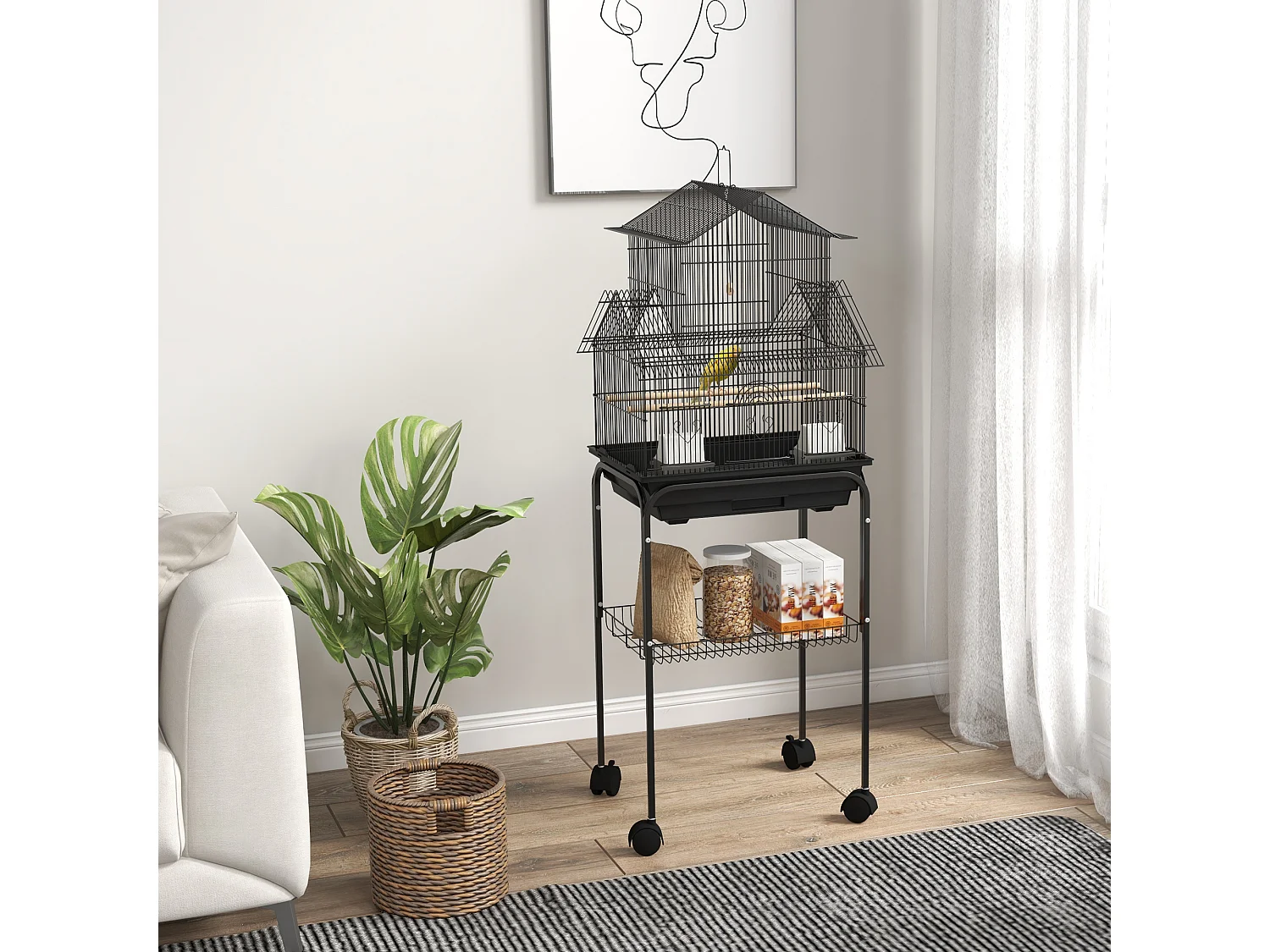 Cage à oiseaux design maison mangeoires perchoirs 3 portes plateau excrément amovible noir