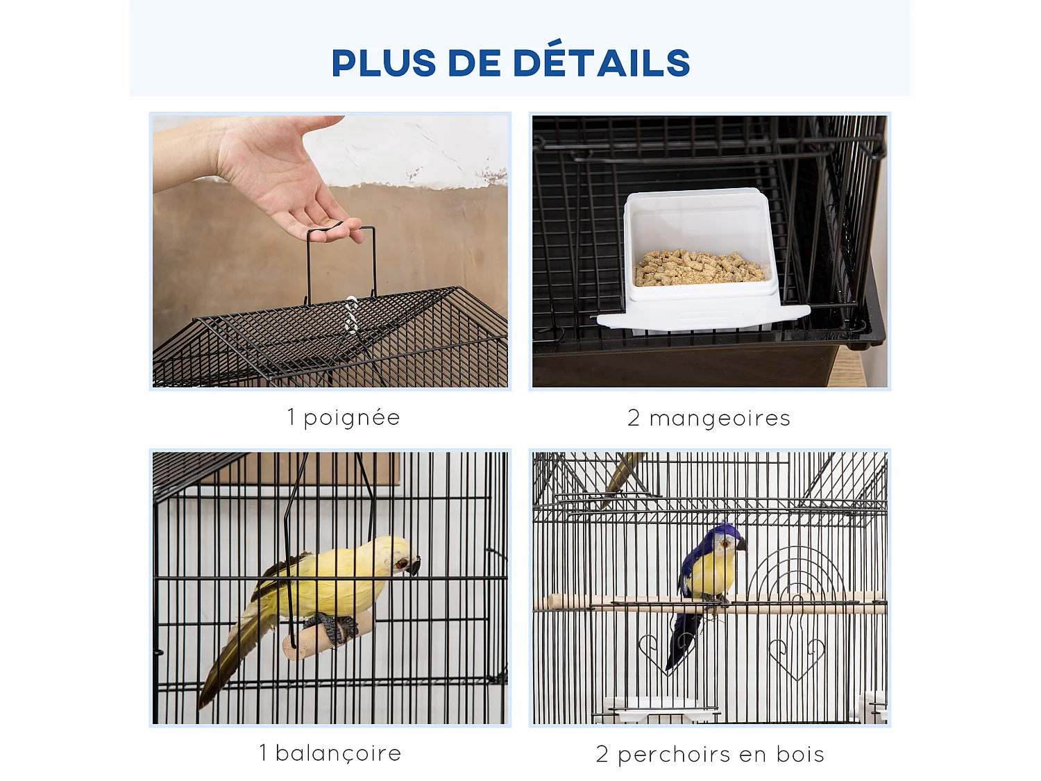 Cage à oiseaux design maison mangeoires perchoirs 3 portes plateau excrément amovible noir