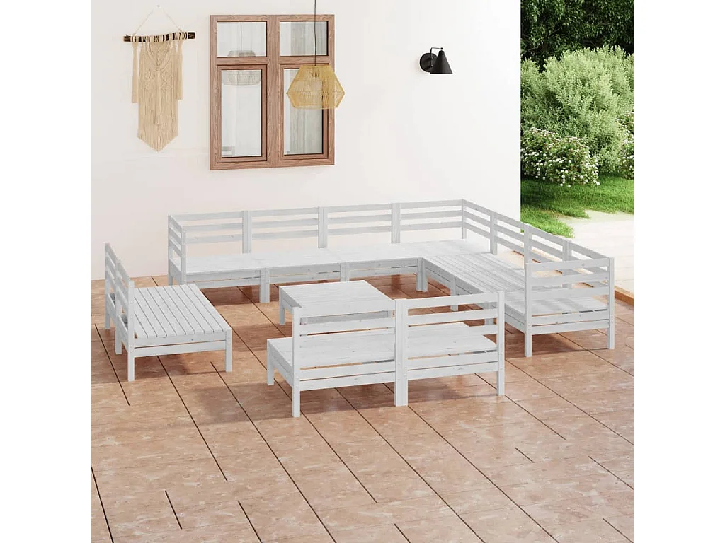 Set Salotto da Giardino 12 pz in Legno Massello di Pino Bianco