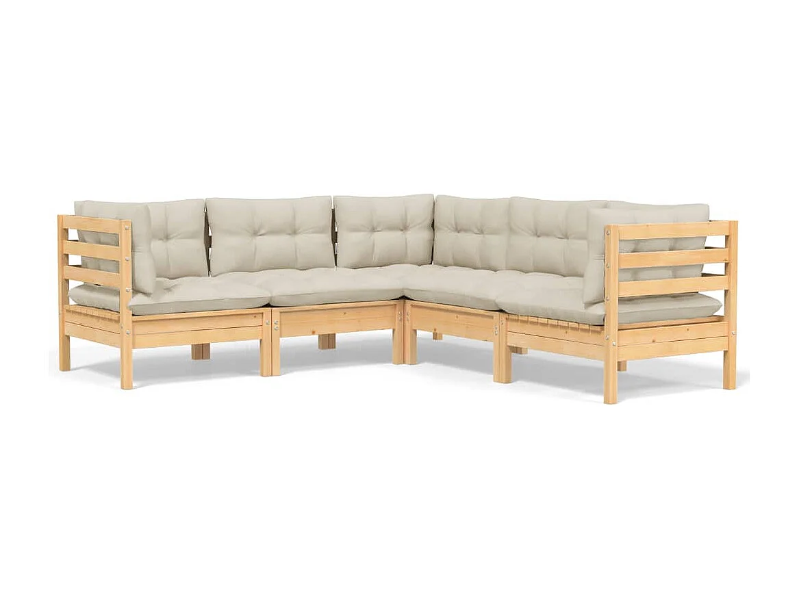 Set Divani da Giardino 5 pz con Cuscini Crema in Massello di Pino