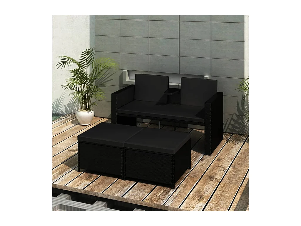 Salon de jardin 3 pcs avec coussins Résine tressée Noir