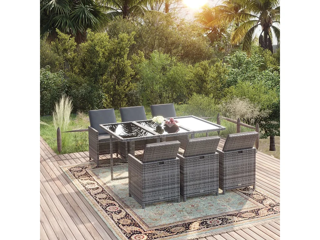 Ensemble à manger de jardin coussins 7pcs Résine tressée Gris