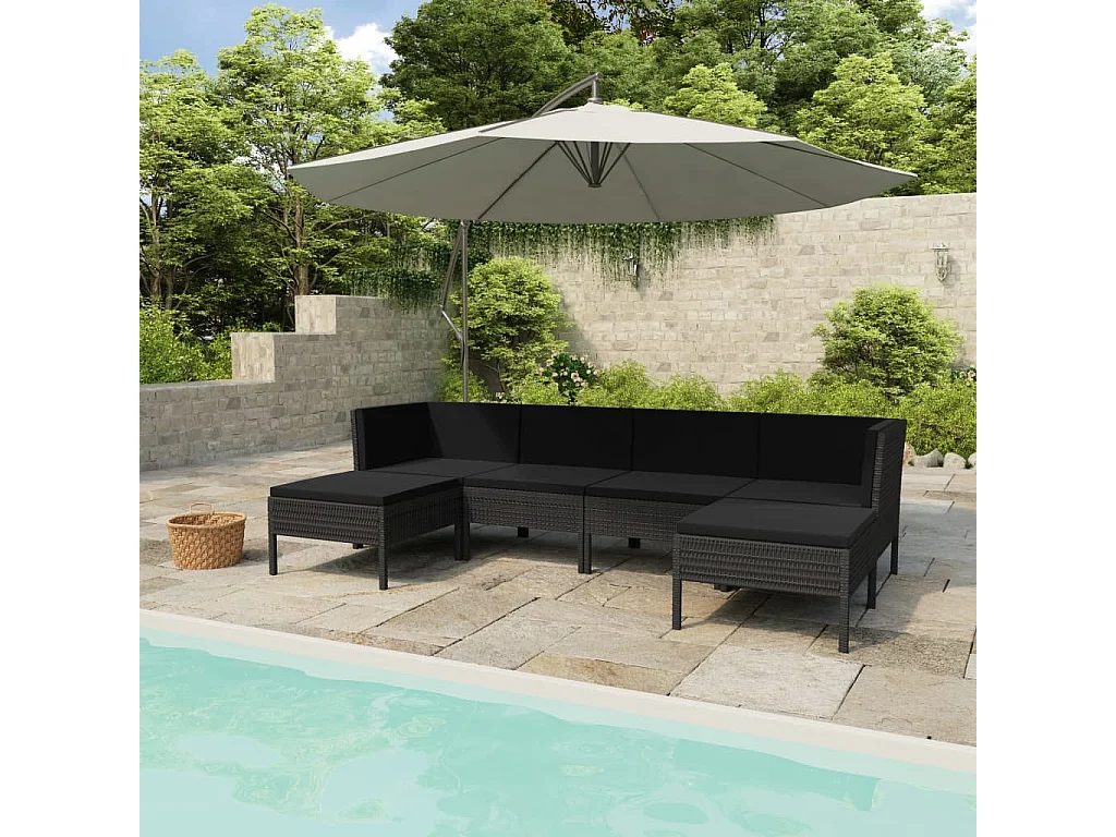 6-delige Loungeset met kussens poly rattan zwart