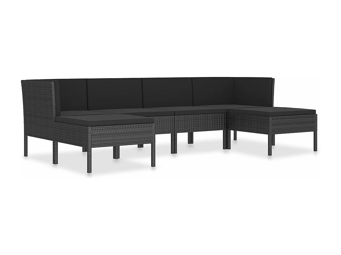 6-delige Loungeset met kussens poly rattan zwart