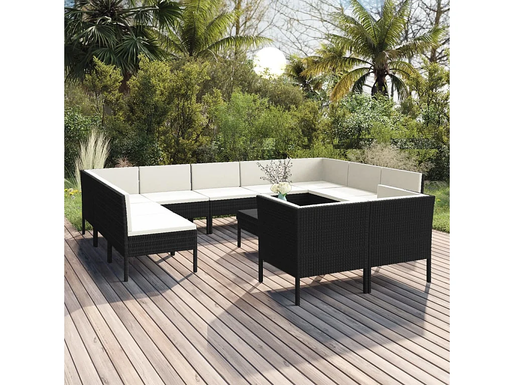 12 pcs conjunto lounge de jardim c/ almofadões vime PE preto