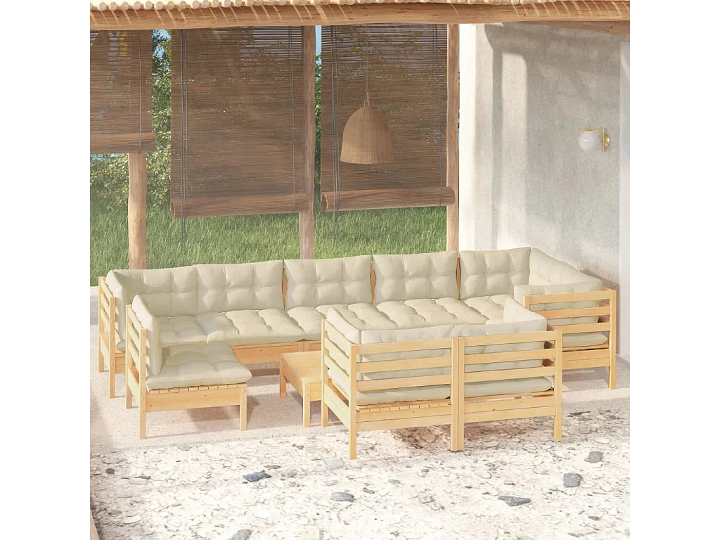 10-tlg. Garten-Lounge-Set mit Creme Kissen Massivholz Kiefer