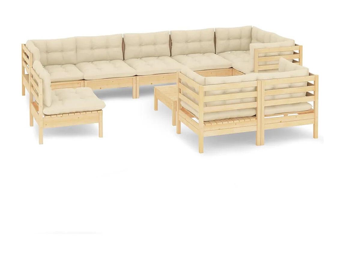 10-tlg. Garten-Lounge-Set mit Creme Kissen Massivholz Kiefer