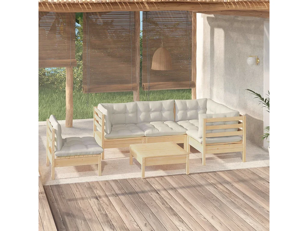 Set Divani da Giardino 6 pz con Cuscini Crema in Massello di Pino