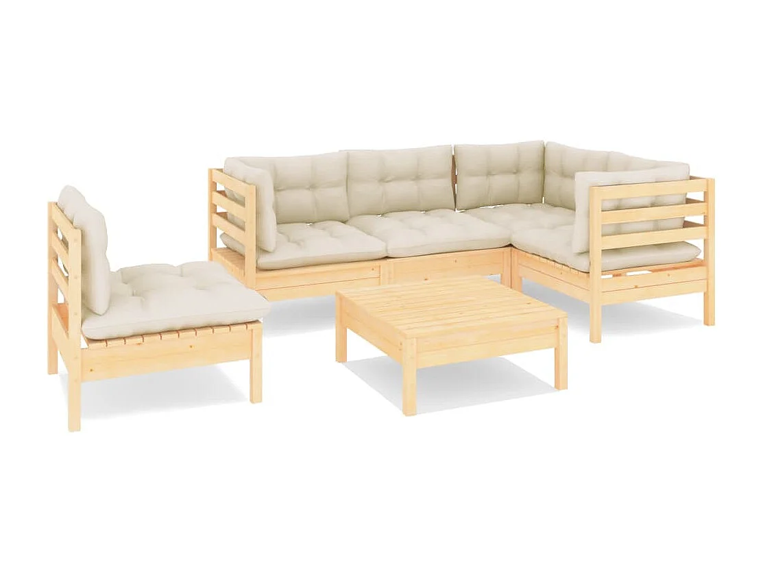 Set Divani da Giardino 6 pz con Cuscini Crema in Massello di Pino
