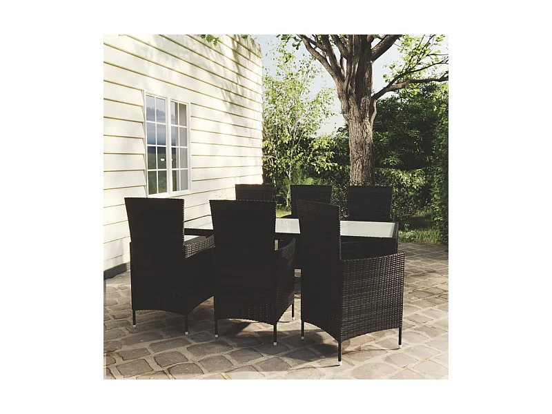 Set da Pranzo da Giardino 7 pz con Cuscini in Polyrattan Nero