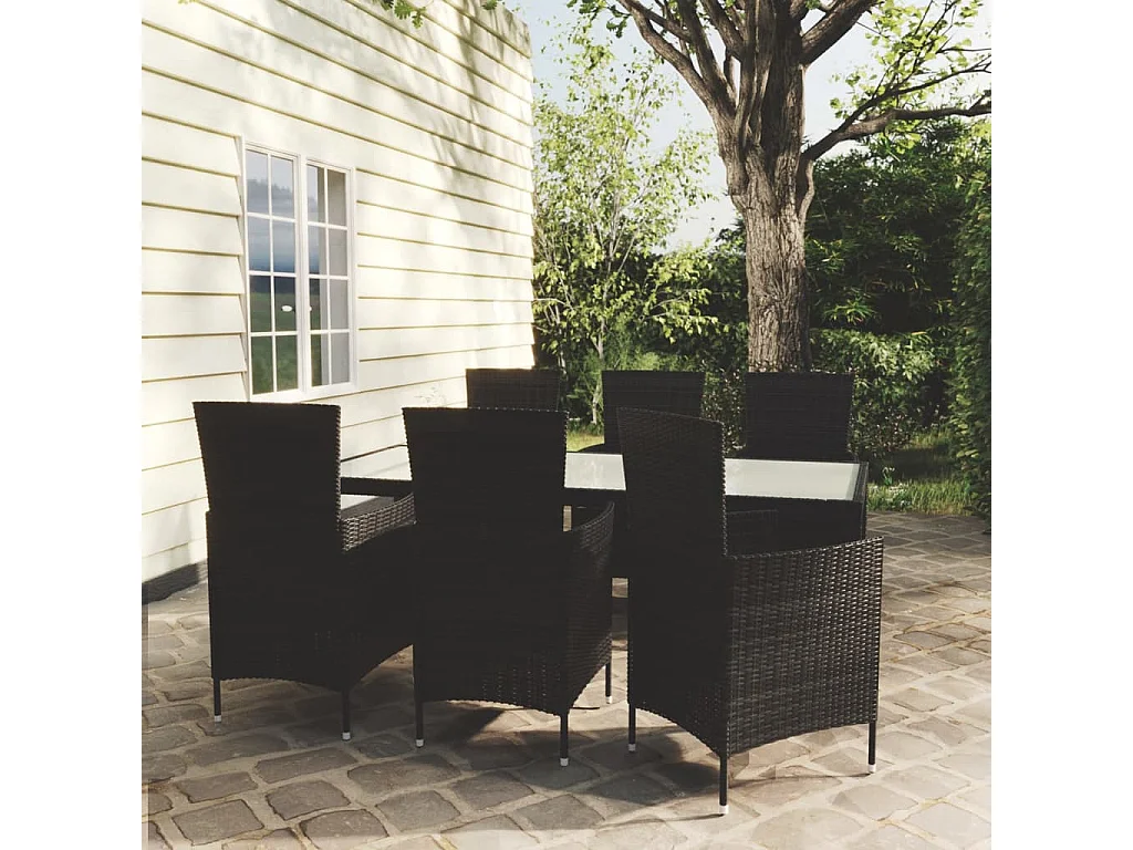7 pcs conjunto jantar exterior com almofadões vime PE preto