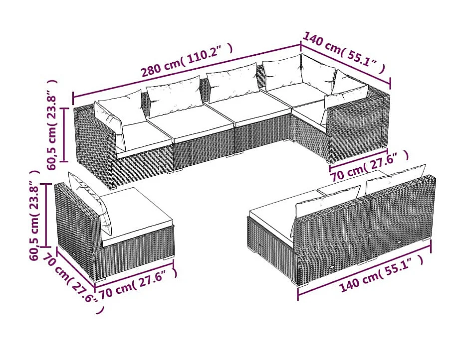Set Divani da Giardino 8 pz con Cuscini in Polyrattan Marrone