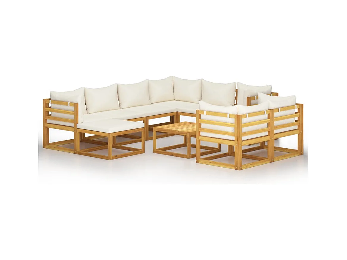 Set Divani da Giardino 10 pz con Cuscini Crema Massello Acacia