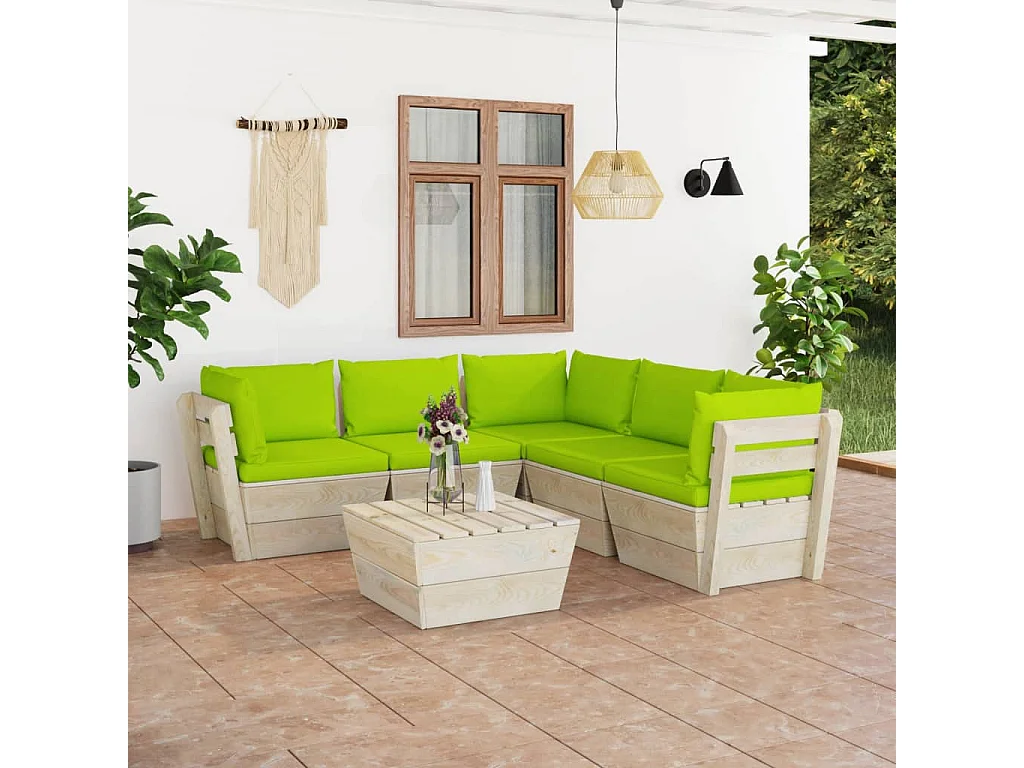 6 pcs conjunto lounge de paletes + almofadões madeira de abeto