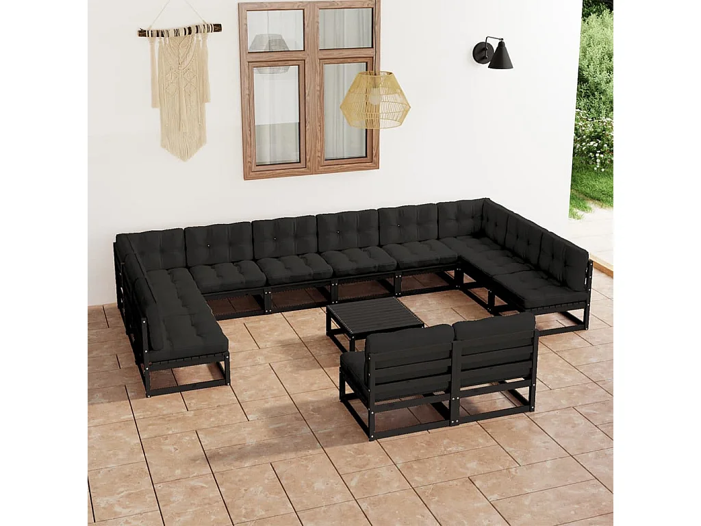 Set de muebles de jardín 13 pzas con cojines madera pino negro