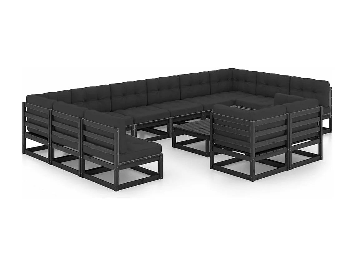 Set de muebles de jardín 13 pzas con cojines madera pino negro