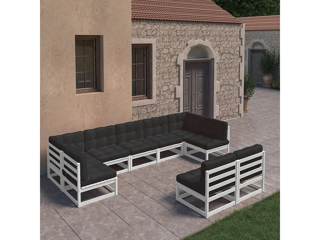 Salon de jardin 9 pcs avec coussins Blanc Bois de pin massif