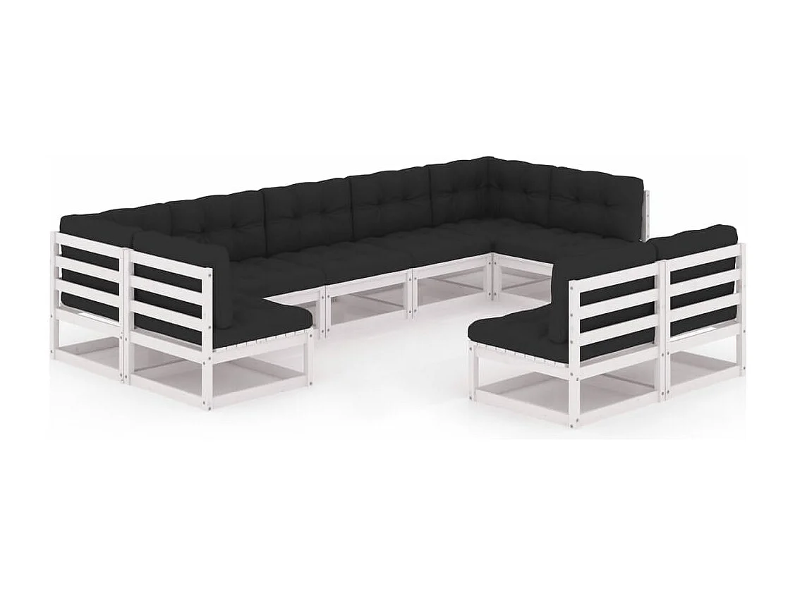 Salon de jardin 9 pcs avec coussins Blanc Bois de pin massif