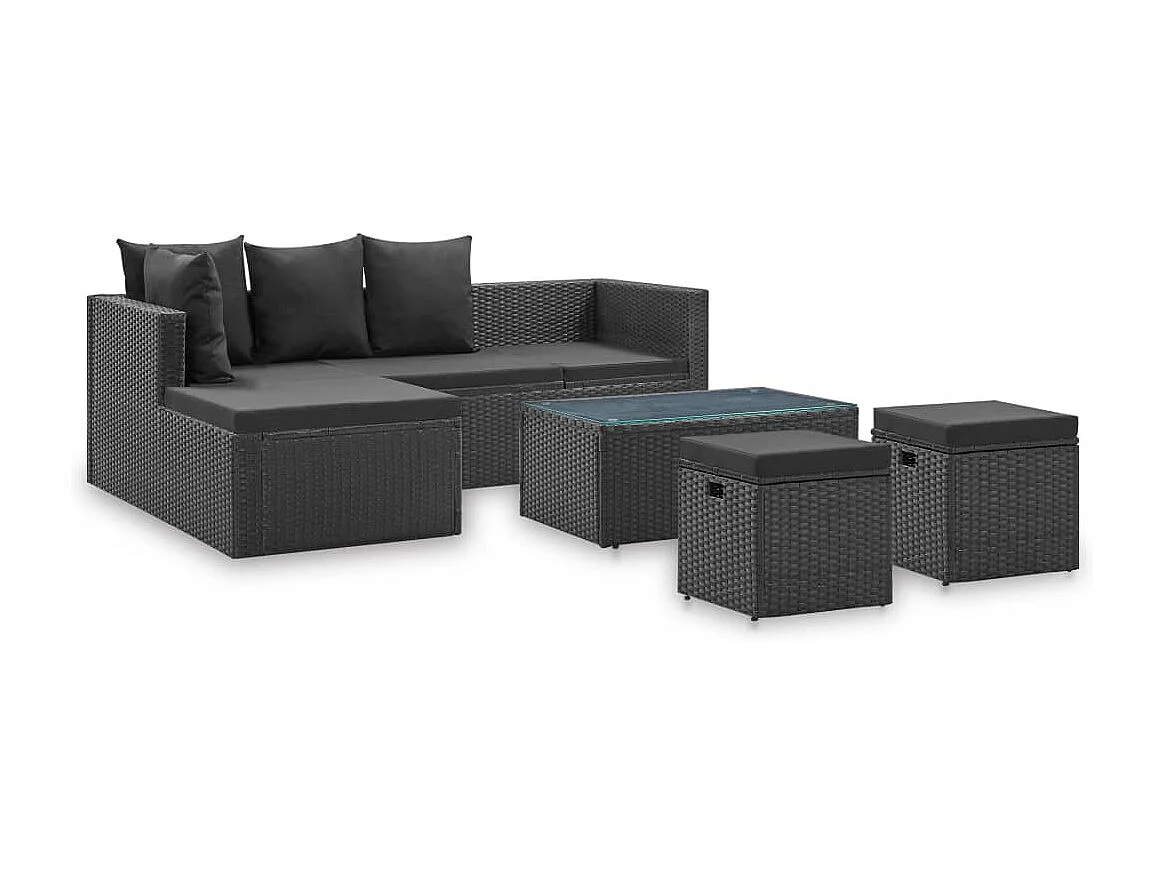 4 pcs conjunto lounge de jardim c/ almofadões vime PE preto