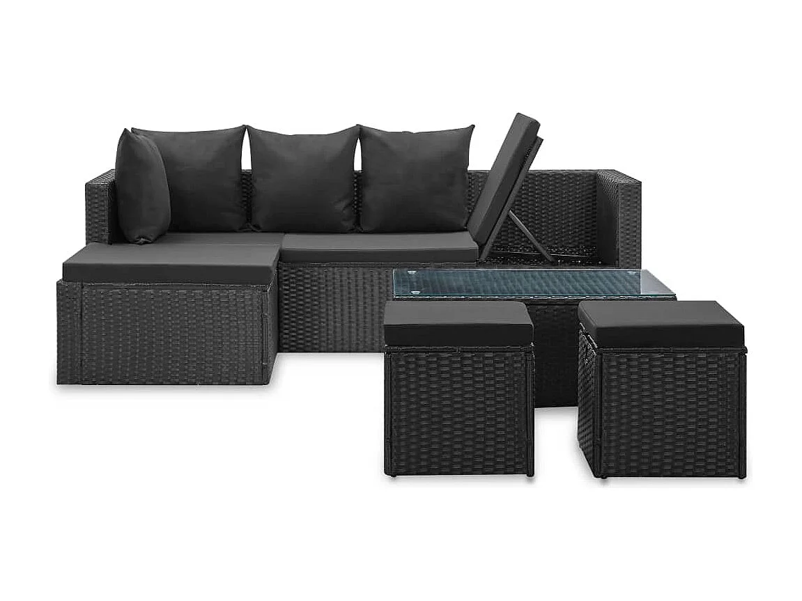 4 pcs conjunto lounge de jardim c/ almofadões vime PE preto