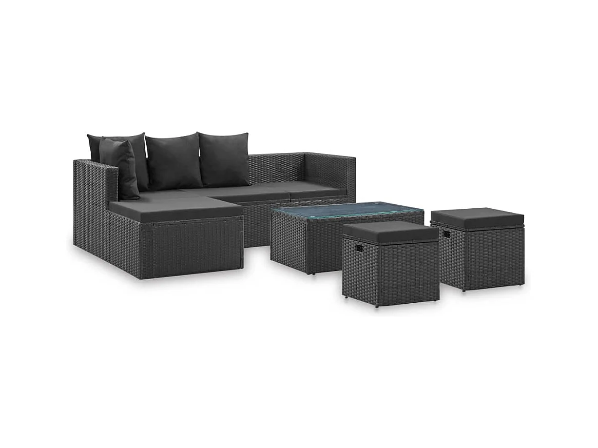 Salon de jardin 4 pcs Noir avec coussins Résine tressée