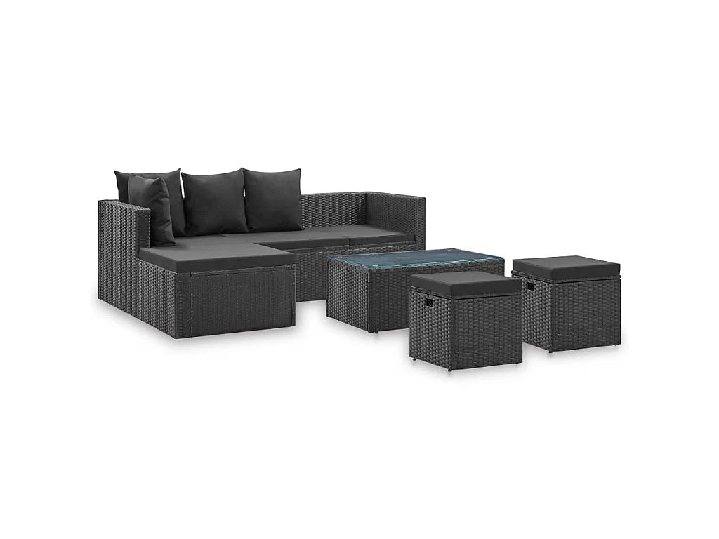Salon de jardin 4 pcs Noir avec coussins Résine tressée